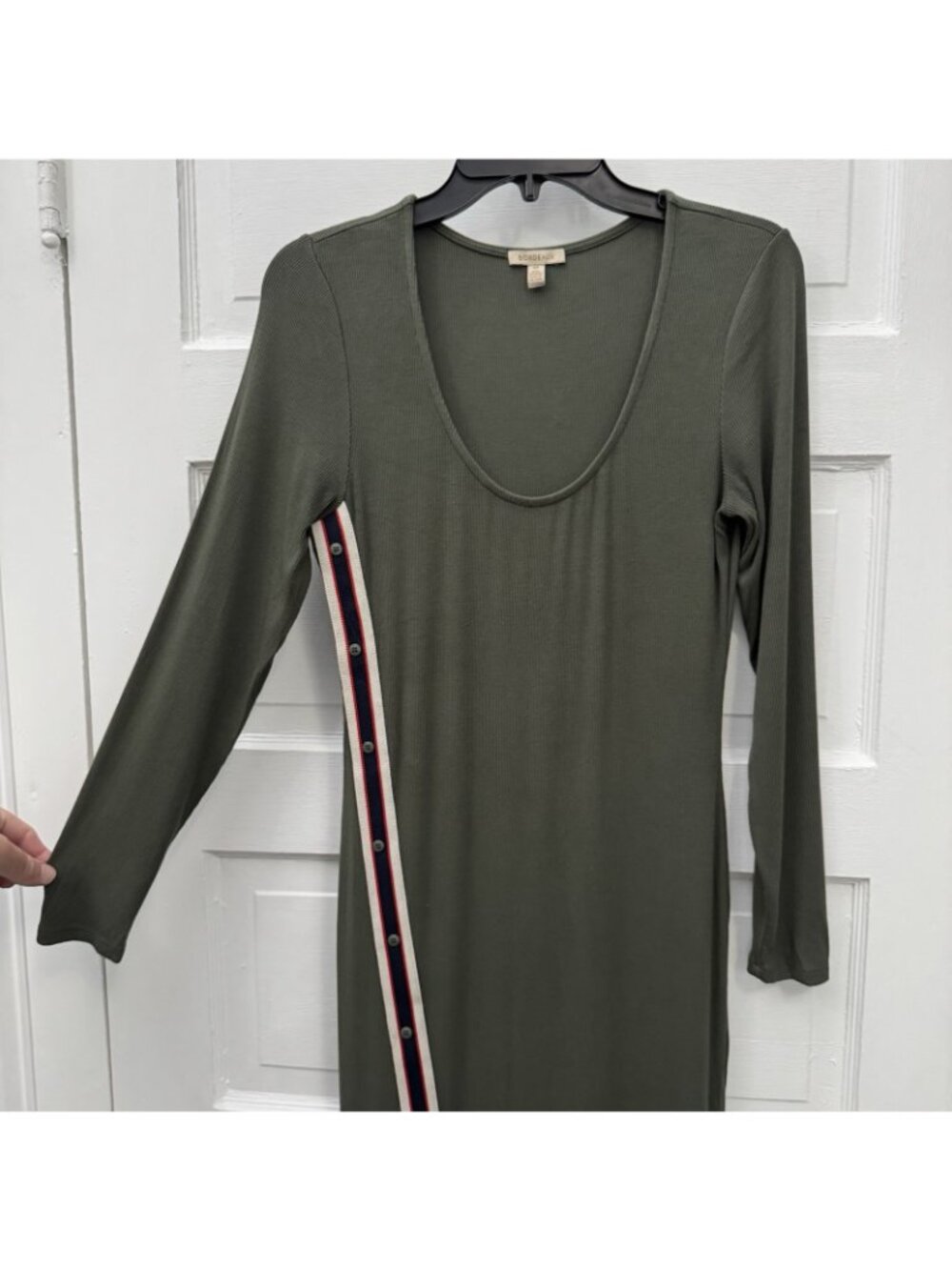Bordeaux Ribbed Midi Dress S Olive Green Long Sleeve Side Stripe Bodycon - Picture 3 of 8